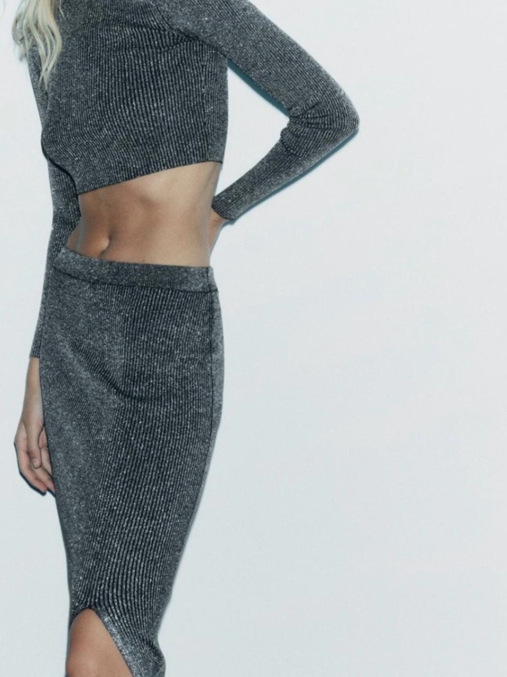 Zara Metallic Silver Ribbed Knit Crop Top Midi Skirt Set S